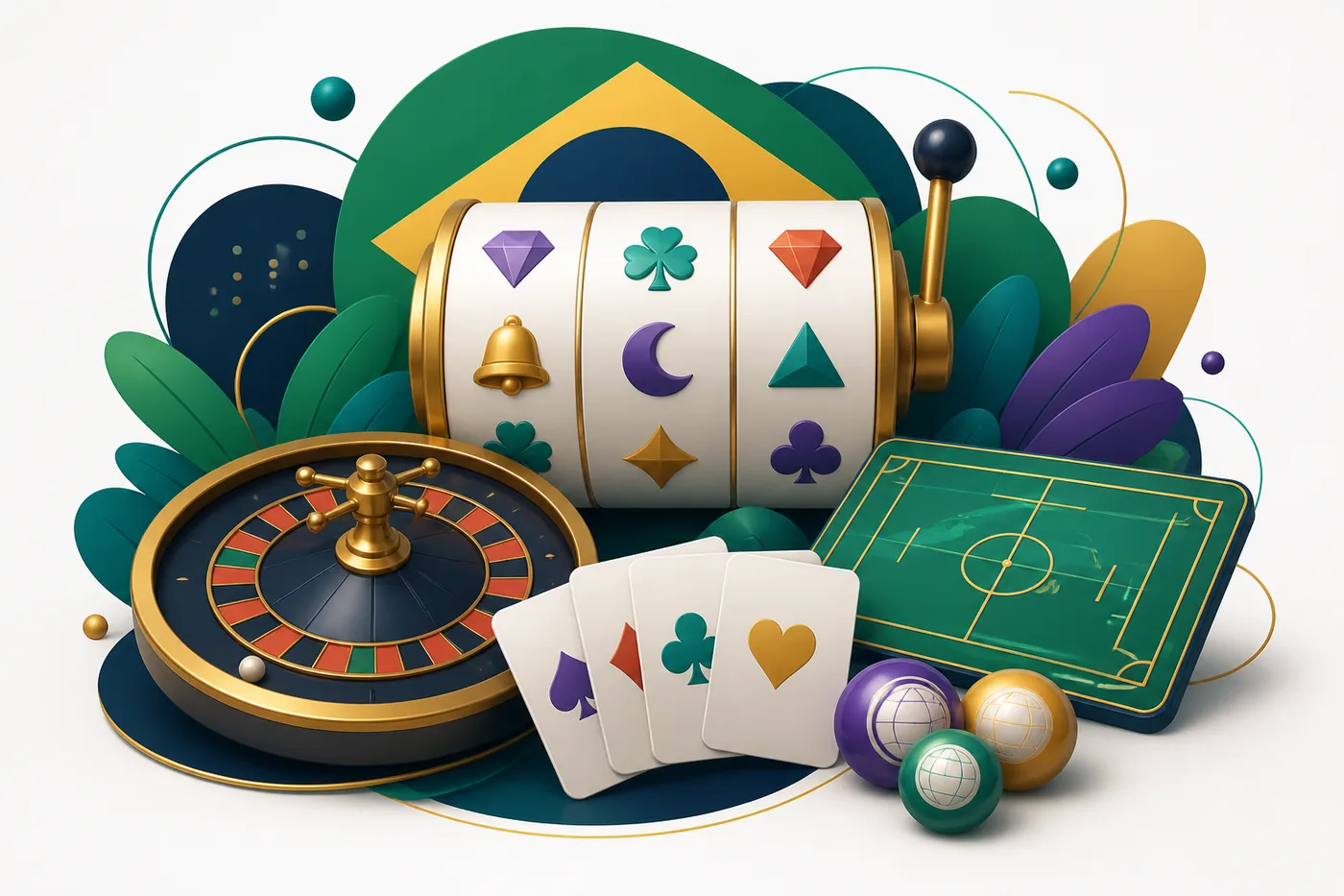 Composição editorial de slots, roleta, cartas e esportes