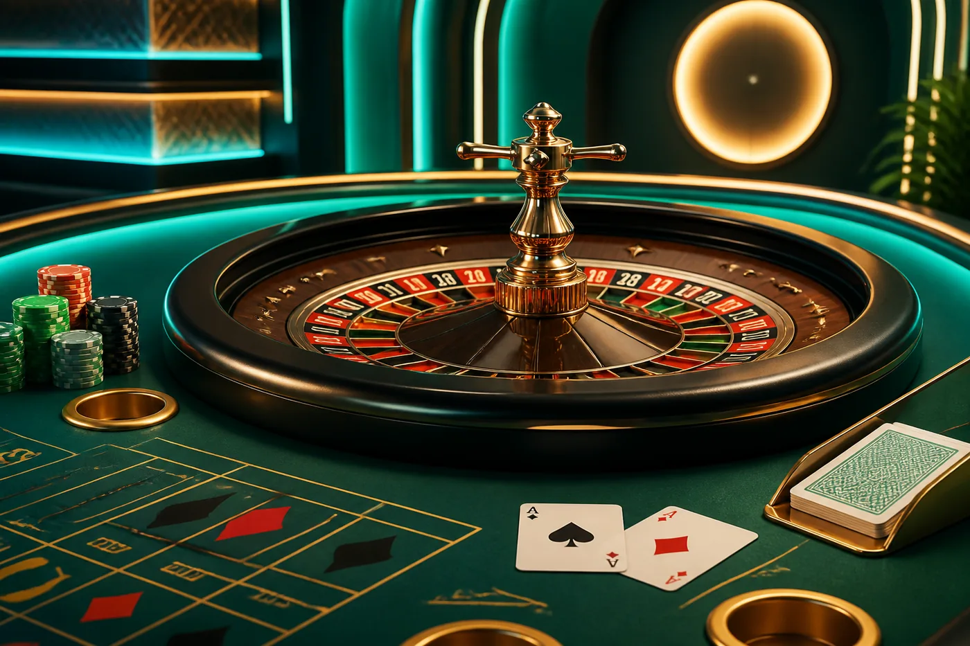 Mesa editorial de roleta e cartas em ambiente de cassino