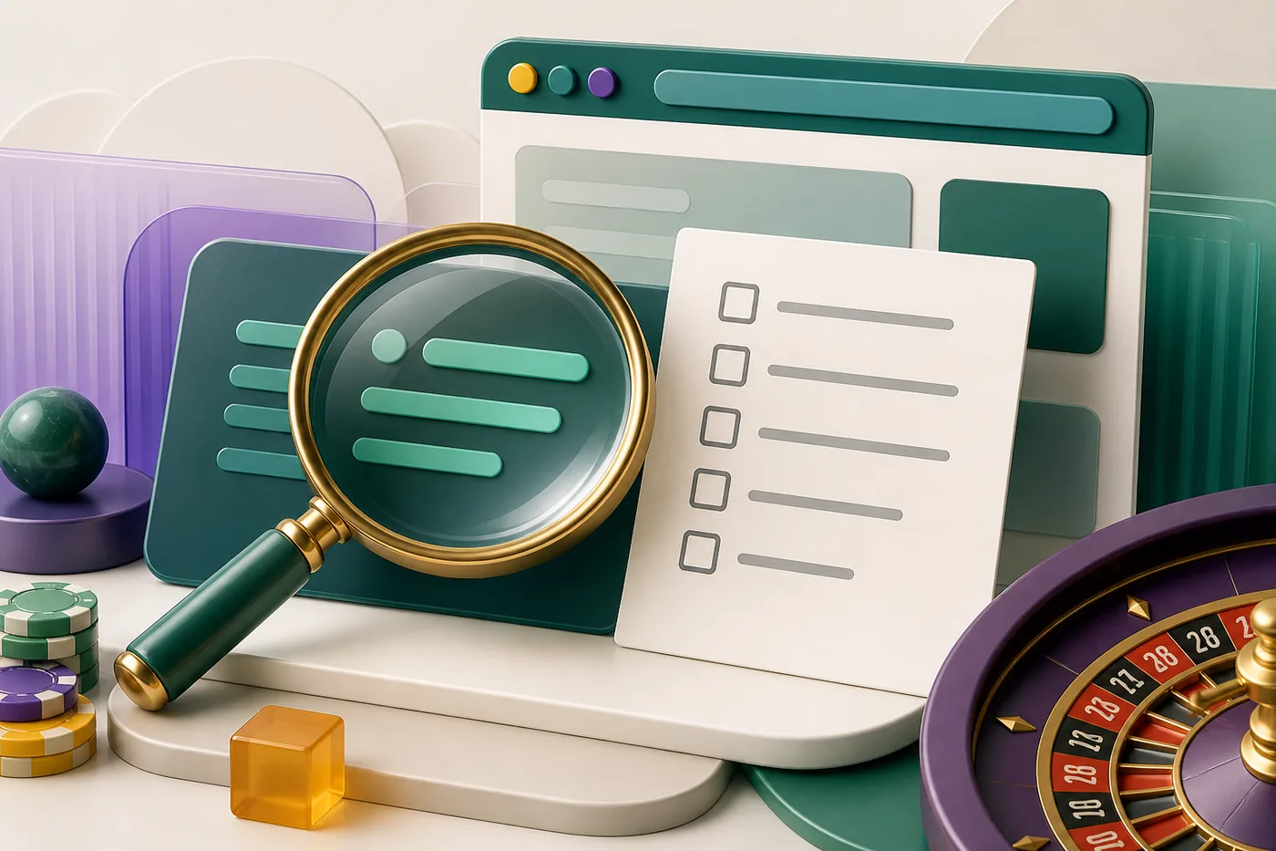 Mesa editorial com lupa para verificar domínio e documentos